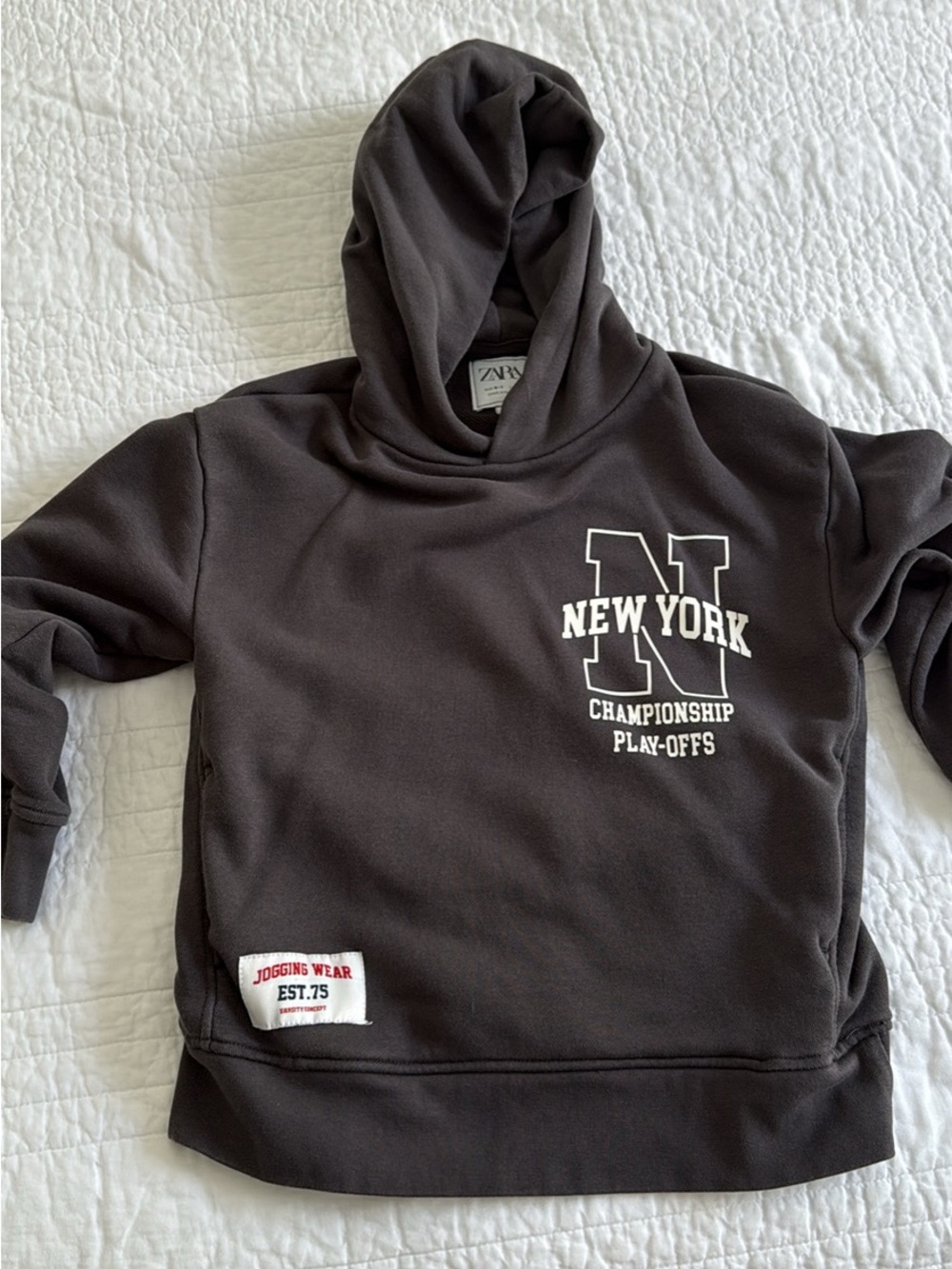 Zara Kids Charcoal Hooded Sweatshirt with White 'New York' Graphic